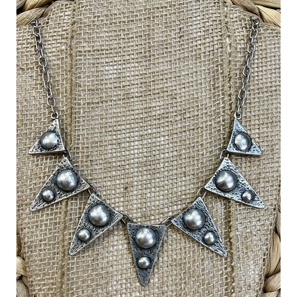 BRUTALIST NECKLACE VINTAGE Antique Silver Mid Century Modern Coachella - Picture 1 of 7